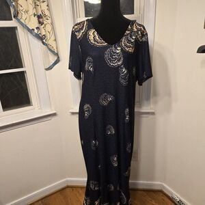 Candolite‎ Women's 1X Navy Blue Gold Oyster Shell Print Maxi Dress